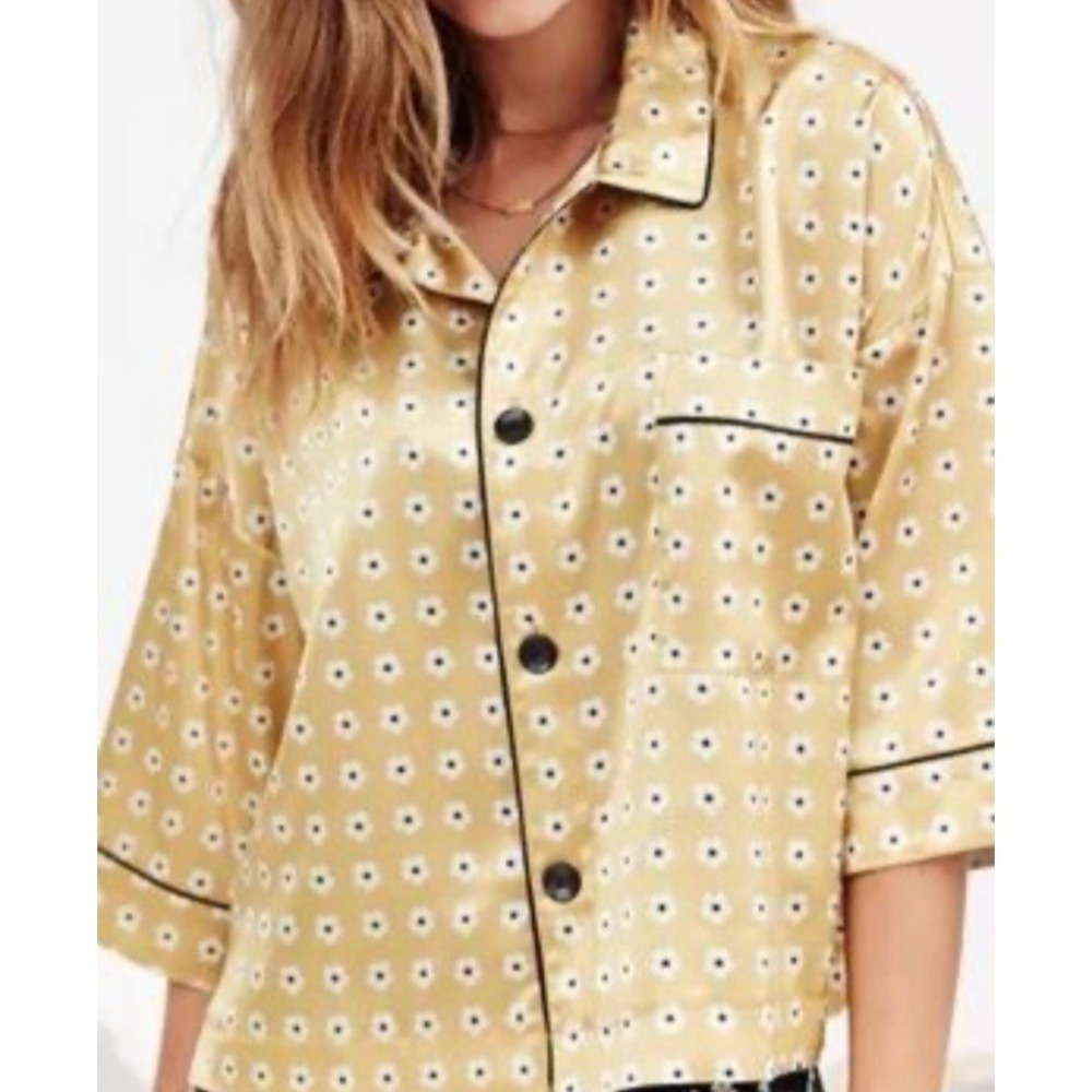Urban Outfitters Out From Under L/XL Gold Floral Satin Pajama Top Button Front